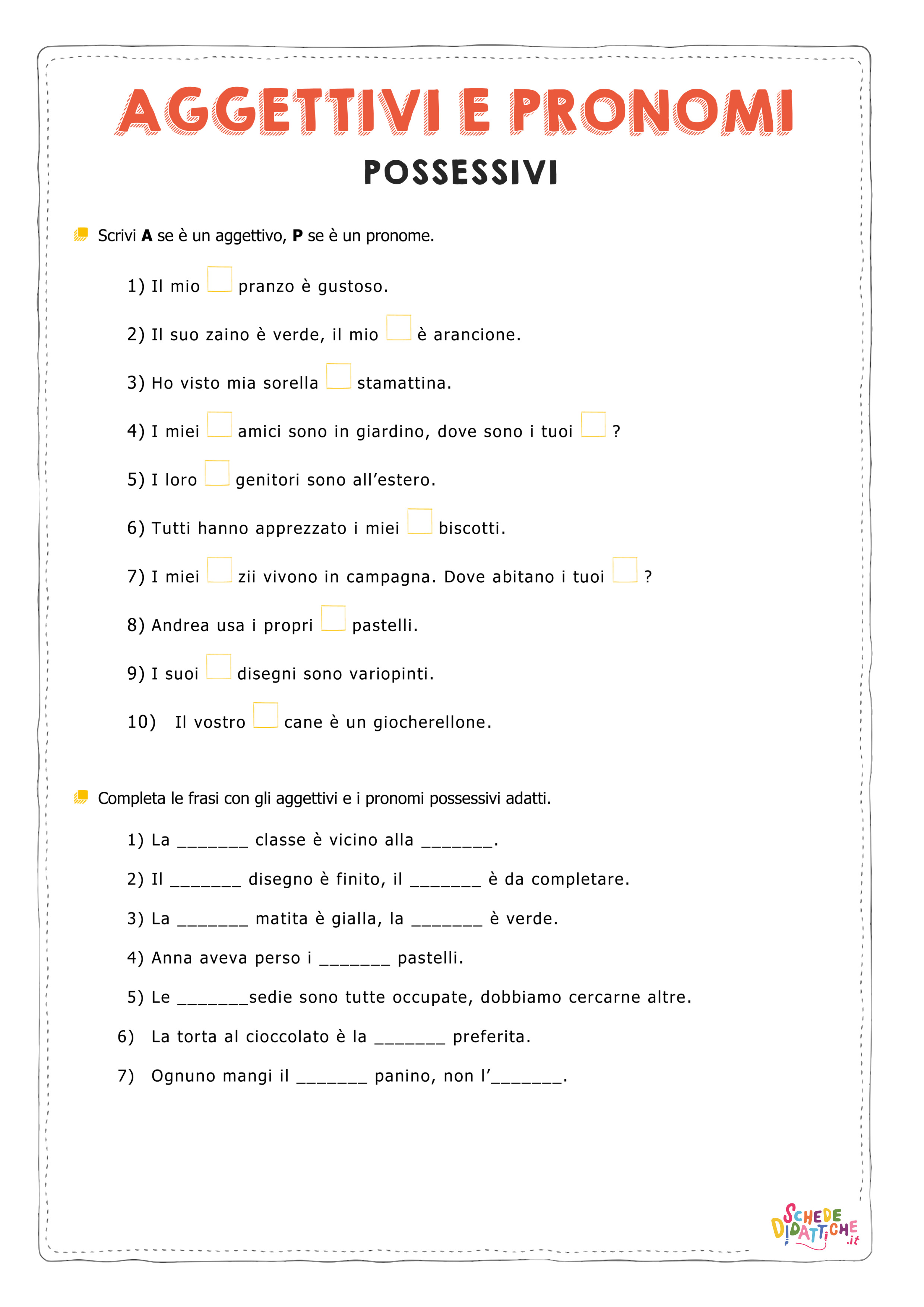 Schede didattiche sugli aggettivi e sui pronomi possessivi da stampare