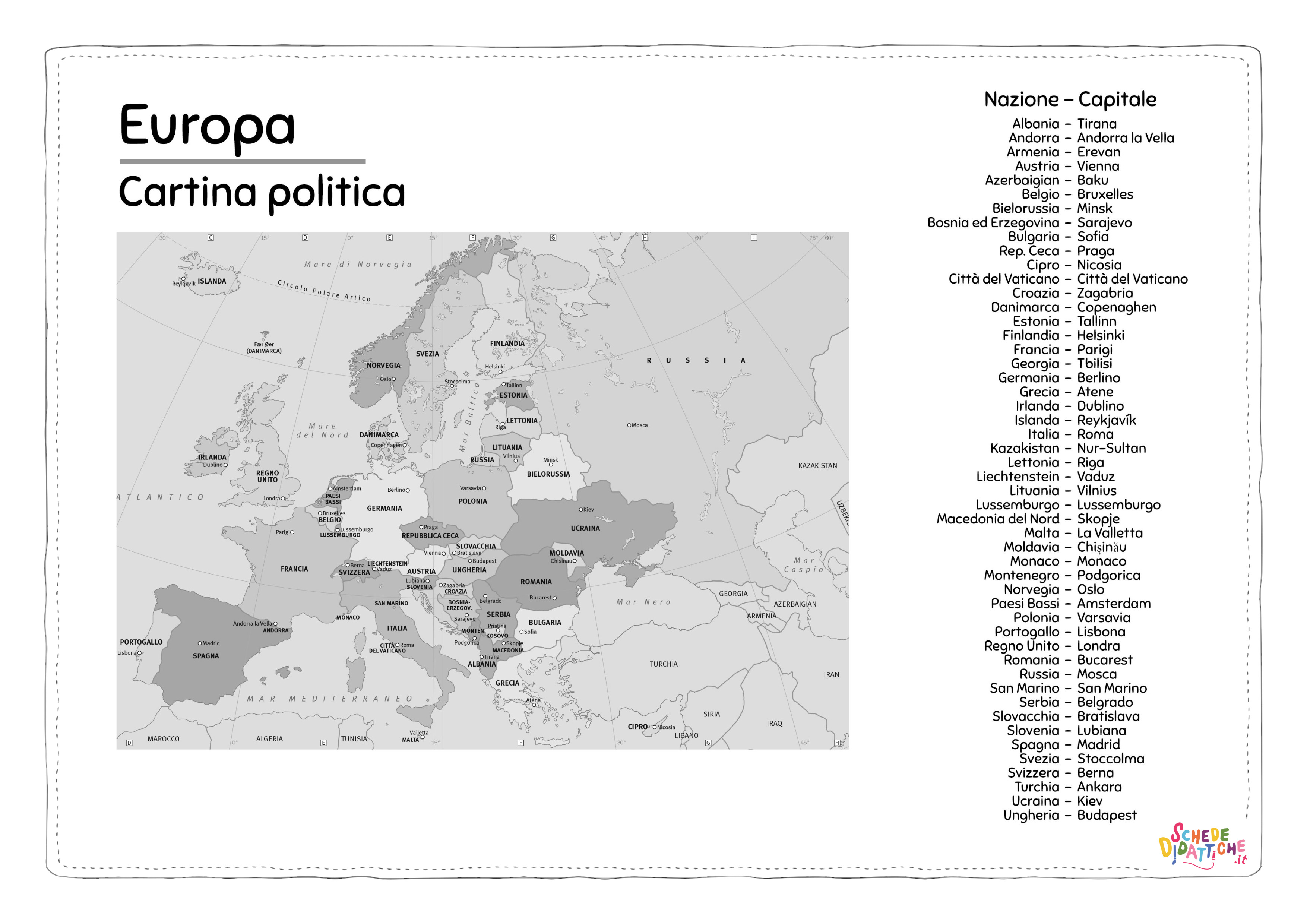 europa cartina politica capitali bn
