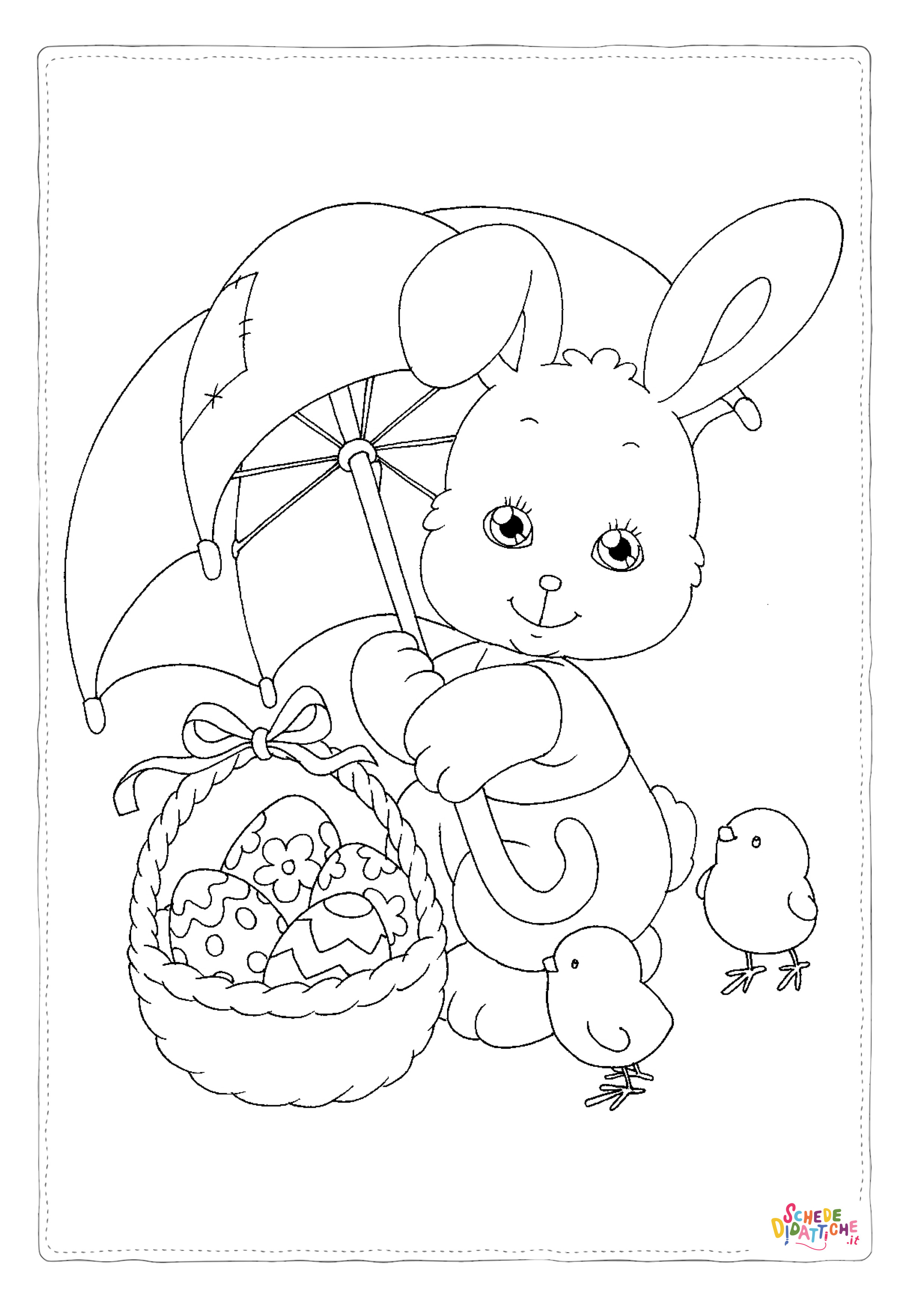 Coniglio-e-pulcini-con-uova-di-Pasqua-disegno-da-colorare-gratis
